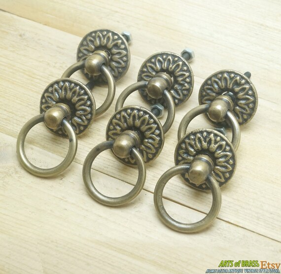 Lot of 6 pcs Vintage Victorian Round Ring Solid Brass Antique Cabinet Drawer KNOB Pulls P099