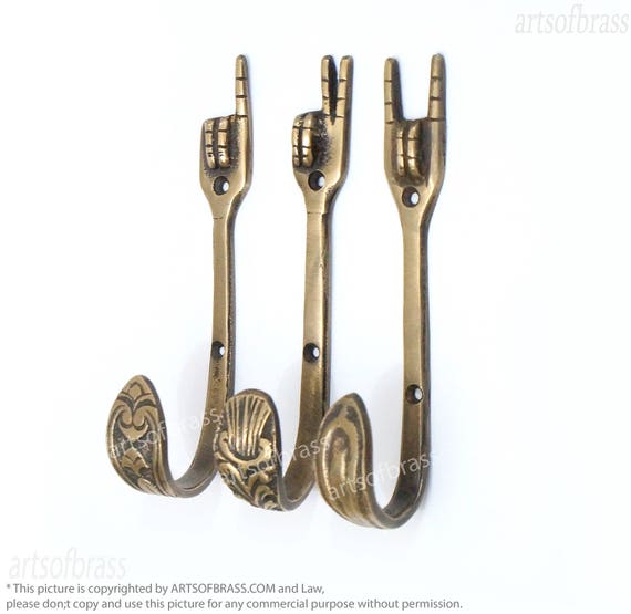 4.52" inches Set of 3 pcs Vintage Solid Brass Hand Forged 1 - 2 and PEACE Wall hook Antique Wall Mount Coat Hat Hook