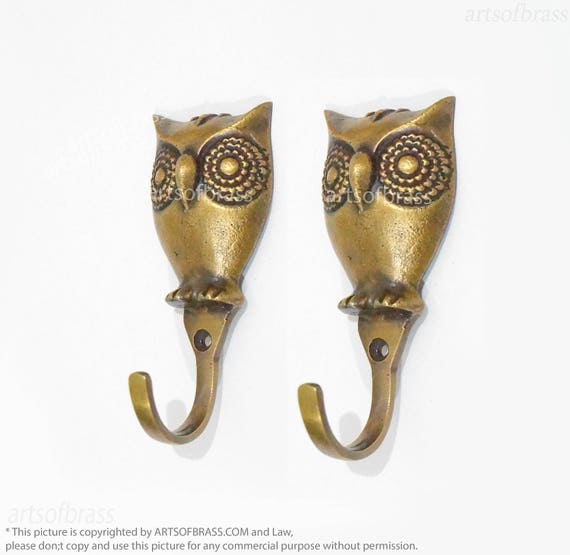 3.22" inches Lot of 2 pcs Vintage Brass Baby Owl Wall hook Decor | Strong Owl Wall Mount Coat Hat Hook Set