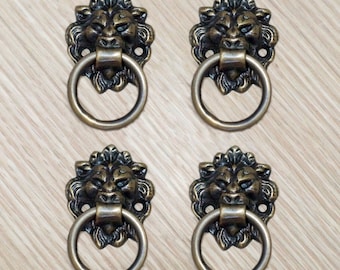 Lotto di 4 pezzi vintage a forma di leone africano, pomelli per cassetti, maniglie per mobili, P106