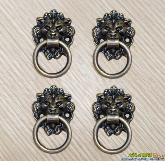 Lot of 4 pcs Vintage LION African Big Cat Head Cabinet Hardware KNOB Drawer Pulls P106