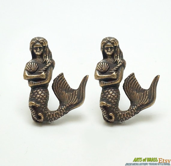 2.44" inches Lot of 2 pcs Vintage Mermaid Fantasy and shell Knob hardware Solid Brass Cabinet Door Brass KNOB Drawer Handle N271