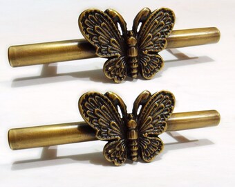 Lot of 2 pcs Vintage Butterfly Handle ANTIQUE Solid Brass Cabinet Drawer Pull