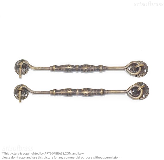 Set of 2 pcs 9.64" inches Vintage Solid Brass Carved Eye Fastener Window Hook Stay Lever Latch