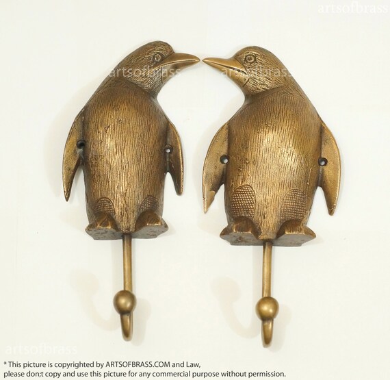 8.85" inches pair / 2 pcs Vintage Penguin strong Mount Hook Solid Brass Wall Coat Hat Hook U117