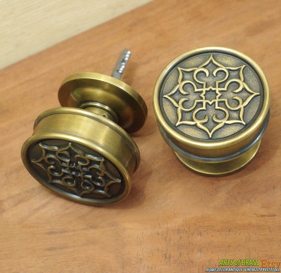 3.85" inches Set Vintage Big Victorian Mother of Flowers Engraved Main Door Screen Door Handle Solid Brass Antique Round Door Handle AC