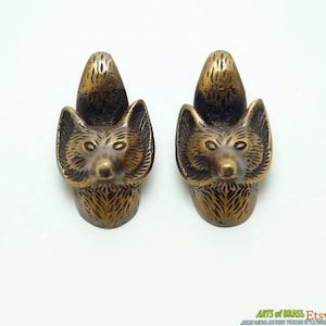 Lot of 2 pcs Vintage FOX Head Solid Brass Cabinet Door Brass Round KNOB Drawer Pulls N