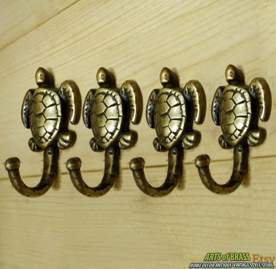 Lot of 4 pcs Solid Brass Antique Vintage TURTLE Hat Coat Wall Mount HOOK