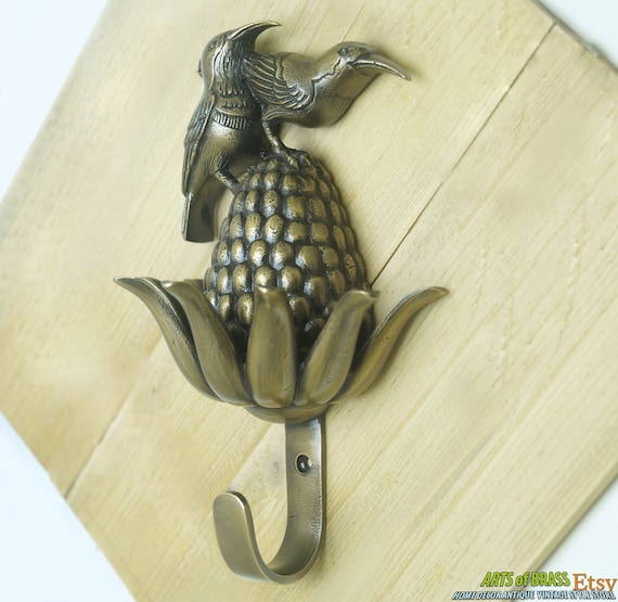 8.66" inches 1 pcs Vintage Big Flower Bud and Hummingbird Solid Brass Antique Hat Coat Strong Wall Mount HOOK Hanger U104