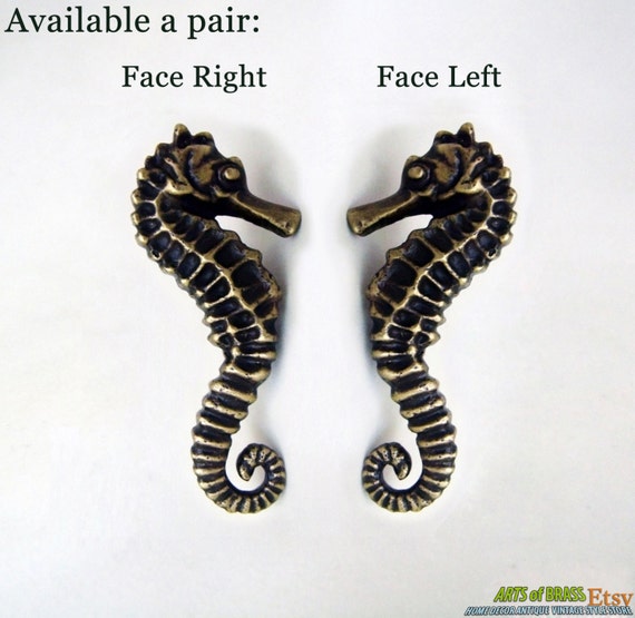 Pair Set Right Left Seahorse Cabinet Handle Solid Brass Knob Etsy