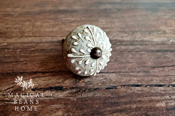 Grey Off White Antiqued Drawer Knob Ceramic Drawer Pull Etsy