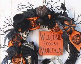 AVAIL JULY 2018 Skeleton Halloween Wreath, Mrs. Bones, Seductive, Welcome Foolish Mortals,Skeleton Wreath, Halloween decoration, Decor