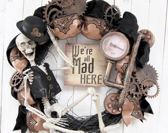 AVAIL JULY 2018 28" Steampunk Halloween wreath, Personalize, Skeleton Wreath, Fall Decor, Halloween Decoration