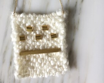 Little Weaved Necklace | Fluffy White Yarn with Brass Beads