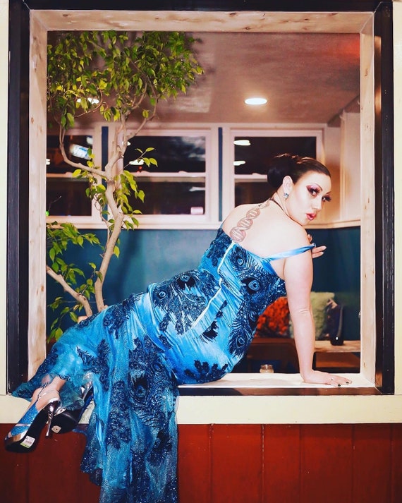 One of a kind peacock teal burlesque prom gown