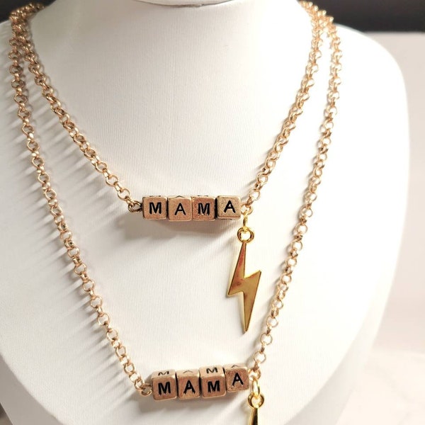 MAMA lightning bolt necklace alphabet block