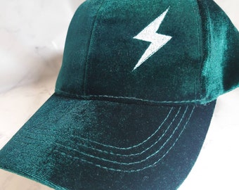 HUNTER GREEN VELVET Cap lightning Bolt embroidered