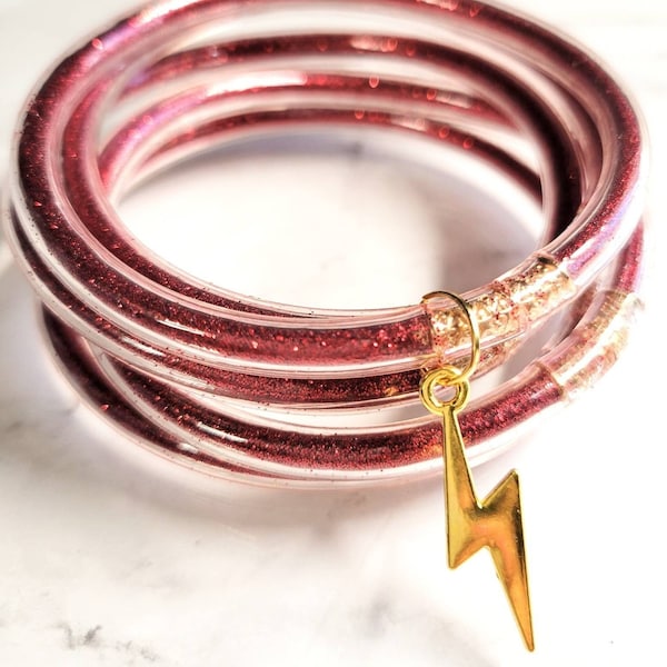 Bangle RED JELLY Glitter Bracelets with Lightning bolt