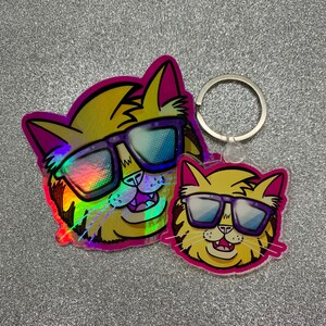 Cool Cat Sticker and Keychain (3 inch × 2.6 inch Sticker) 80’s 90’s Retro and Vaporwave accessories. Water bottle flask laptop decal