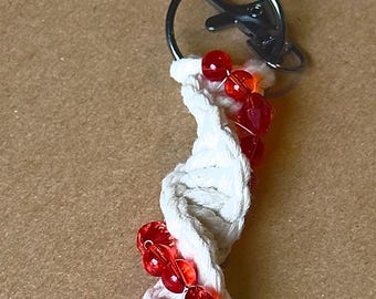Handmade Macrame Tassel Keychain With Red Orange Bead Accent
