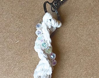 Handmade Macrame Tassel Keychain With Iridescent Clear Bead Accent