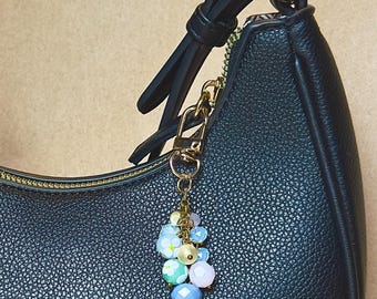 Handmade Pastel Floral Bead Clustee Bag Charm, Vintage Jewelry Repurposed (3 inch)