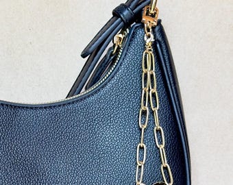 Handmade Beaded Bag Charm, Gold Chain, Black Rhinestone, Repurposed Vintage Jewelry