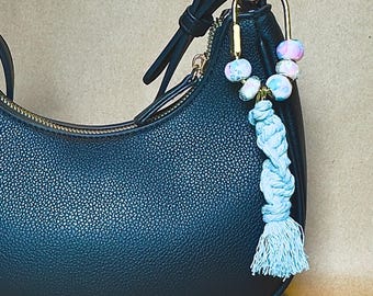 Handmade Macrame Tassel Bag Charm, Blue Pink Iridescent Beads, Carabiner Keychain