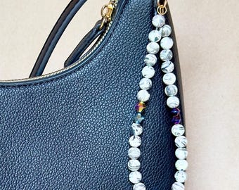 Handmade Marbled Bead Bag Charm, Black White Iridescent Accents, 6 Inch Loop