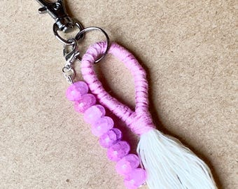 Handmade Pink Beaded Bag Charm with Tassel, Mini Purse Accessory