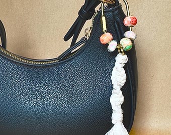 Handmade Macrame Tassel Bag Charm, Orange Green Iridescent Beads, Carabiner Keychain