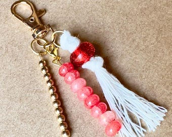 Red White Gold Beaded Tassel Bag Charm, Handmade Purse Keychain Accessory