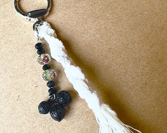 Handmade Macrame Tassel Bag Charm: Black Beads, Floral Accents, Vintage Jewelry (5.25" Length)