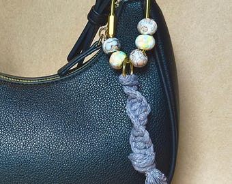 Handmade Macrame Tassel Bag Charm, Beaded Carabiner Keychain (6.5" Length)