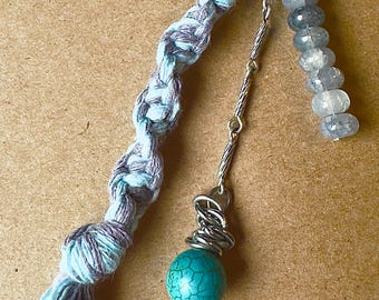 Handmade Macrame Tassel Bag Charm, Gray Beads, Turquoise Accent (6.5" Length)