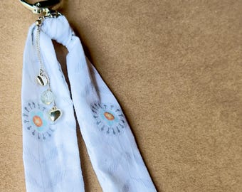 Handmade Floral Scarf Bag Charm, Silver Heart Beads, Vintage Jewelry Findings