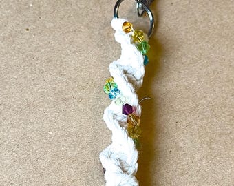 Handmade Macrame Tassel Keychain With Faceted Multi-Color Jeweltone Bead Accent