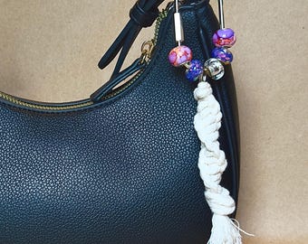 Handmade Macrame Tassel Bag Charm, Orange Purple Beads, Carabiner Keychain