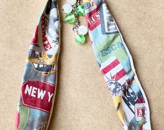 Travel Theme Bag Charm, Scarf, Green White Beads, Silver Carabiner