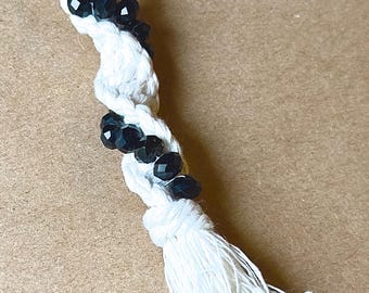 Handmade Macrame Tassel Keychain With Faceted Black Bead Accent
