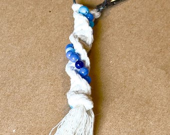 Handmade Macrame Tassel Keychain With Blue Bead Accent