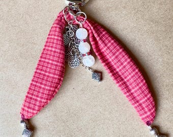 Handmade Red Plaid Bag Scarf Charm, Beaded Accent, Vintage Silver Charms (6.5" Length)