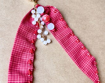 Handmade Red Plaid Bag Scarf Charm, Pearl Bead Trim, Gold Chain (9 inch)