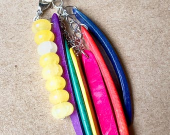 Handmade Beaded Bag Charm, Yellow Pink Blue Silver, Vintage Wood Beads (5.25" Length)