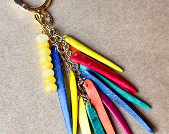 Handmade Colorful Beaded Bag Charm, Yellow Pink Blue Gold, Vintage Wood Beads (6.25" Length)