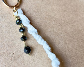 Handmade Macrame Tassel Bag Charm, Black Gold Beads, 7 Inch Length
