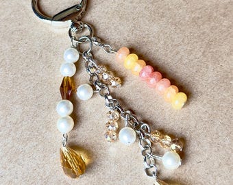 Handmade Beaded Bag Charm, Pearl, Amber, Yellow, Silver Chain (5.25" Length)