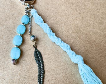 Handmade Turquoise Blue Macrame Tassel Bag Charm, Silver Beads, Feather (7 inch)