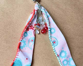 Handmade Floral Bag Scarf Charm, Pink Red Turquoise Beaded Purse Accessory