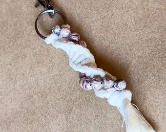Handmade Macrame Tassel Keychain With Purple Black and White Marbled Bead Accent
